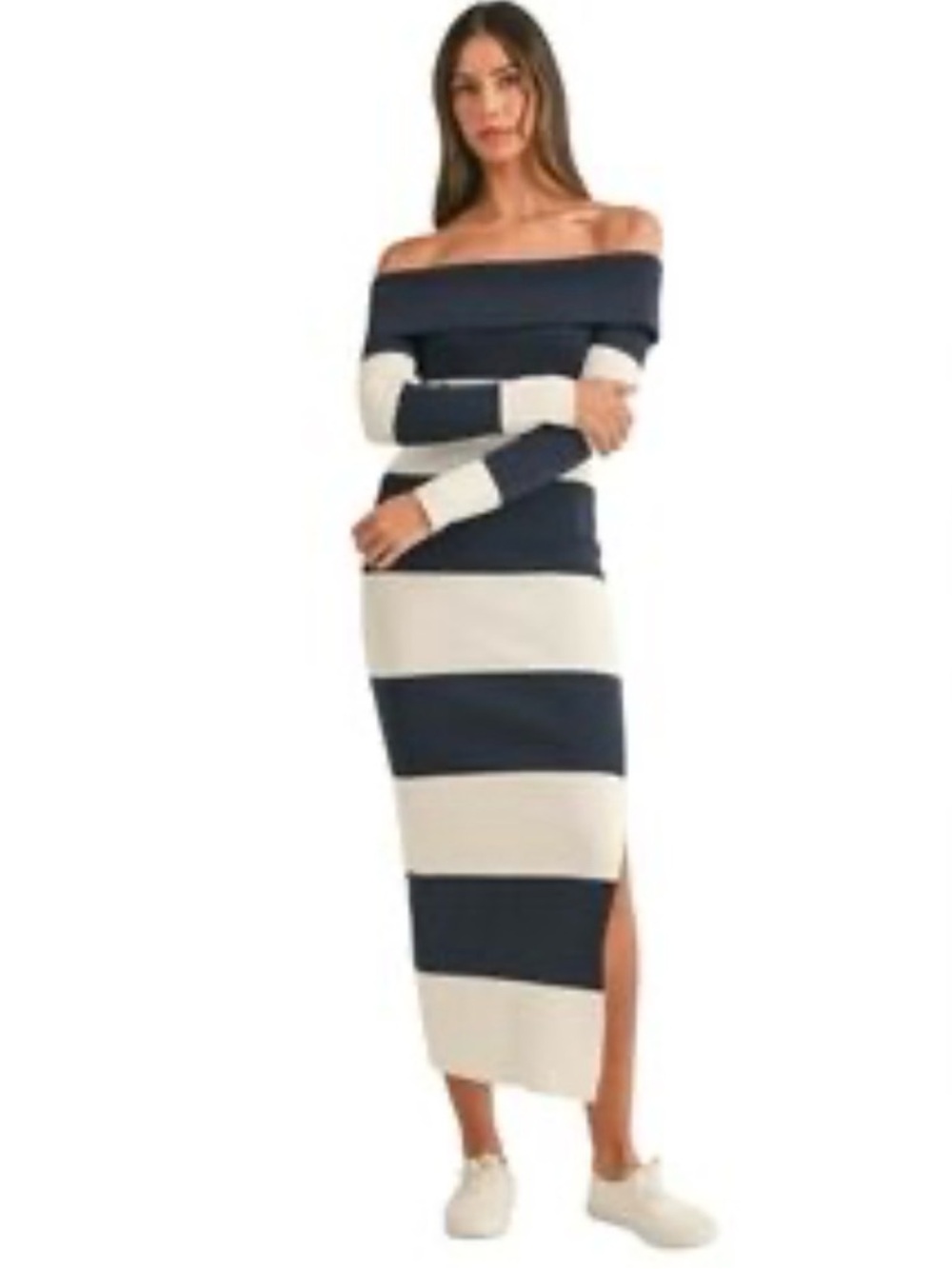 MABLE Angelica Stripe Off Shoulder Dress Black White Slit Midi